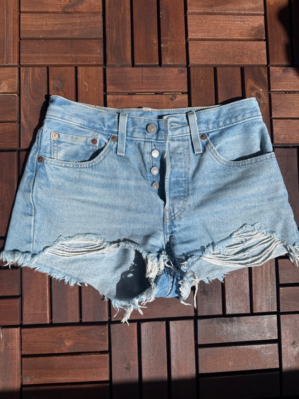 Levi's Light Blue Distressed High-Rise Denim Shorts